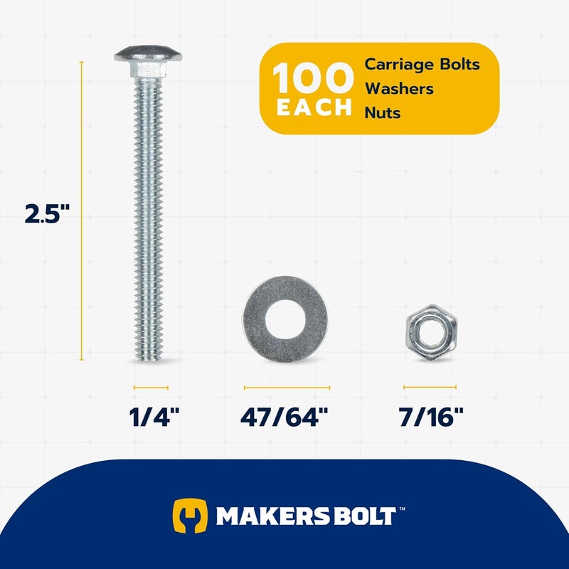 MAKERS BOLT 1/4" x 2-1/2" (100 Pack) Zinc Carriage Bolt Kit, Grade 307A by - Image 2